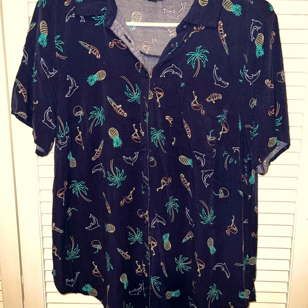 Torrid navy blue short sleeve button up shirt with neon tropical print